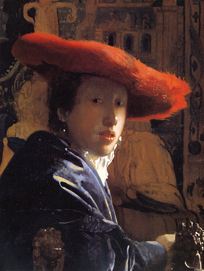 Small close-up painting of a young woman turning toward the viewer in a broad red hat, blue robe and white collar, with bright highlights on her face, earrings and chair.